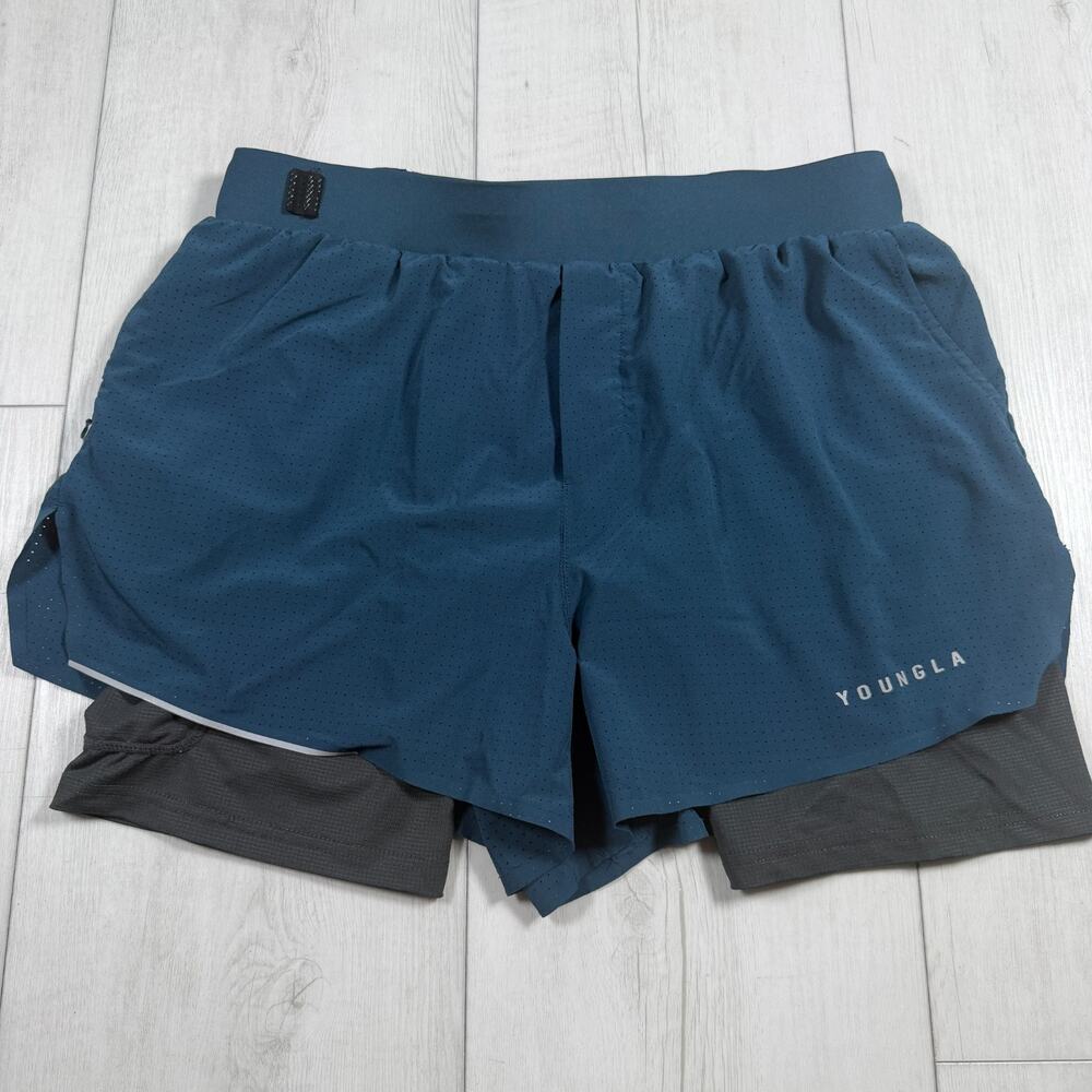 YoungLA 2-in-1 Running Gym Shorts Mens Size Large Blue Grey Mesh Compression